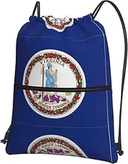 EdWal Virginia State Flag Print Drawstring Backpack Gym Bags Sports Bags With Zipper Pocket For Travel Swimming Beach, Black, One Size