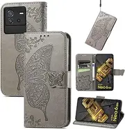 Luxury Butterfly Lanyard Phone Cover Bags Compatible with Vivo iQOO Neo6 Neo 6 S15E Y16 Y 16 Leather Case Magnetic Anti Fall Protective Shell (IQOO Neo 6, Gray)