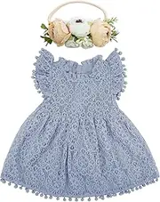 [BGFKS] Baby Girl Tutu Dress Elegant Lace Pom Pom Flutter Sleeve with Flower Headband Set