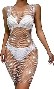 [Bhgytec] Women’s Mesh See through Rhinestone Fishnet Skirts Beach Wrap Bikini Hollow Out Swimsuit Cover Up for Swimwea Clubwear