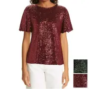 NWT Hilary Radley Women's Flutter Sleave Keyhole Back Sequin Blouse Top S-XL