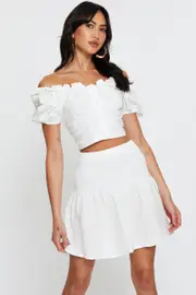 White Linen Blend Shirred Waist Skater Skirt - Size 10, Women's Short Skater