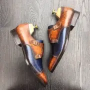 Premium Quality Handmade Genuine Two Toned Leather Monk Strap Cap Toe Men Shoes