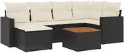 vidaXL Garden Sofa Set with Cushions - Black Poly Rattan 7-Piece Outdoor Furniture: UV-Resistant, Weatherproof, Modular Design for Patio, Deck, Garden - Includes Table with Acacia Wood Top