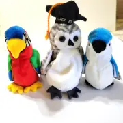 Plush Stuffed Birds 3 Blue Jay Rocket, Wiser Owl, Jabber Parrot Ty Beanie NEW