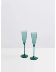 Maison Balzac Champagne Flutes – Set of 2 – Hand-Blown Glass–Emerald Green–New