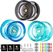 [ShungRu] Pack of 3 Responsive YoYo, K2 Crystal Plastic Yoyos for Kids, Dual Function Yo yo for Beginners with 18 Yoyo Strings + 3 Yoyo Bags(Black +Green+Blue)