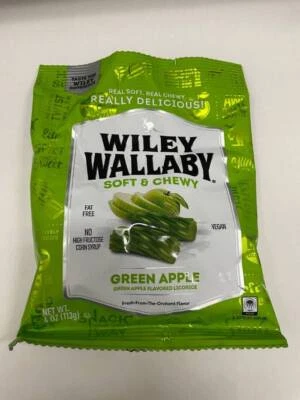 3 Bags Wiley Wallaby Green Apple Licorice Soft Chewy Fat Free Vegan 4 oz Gourmet