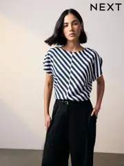 Navy/White Stripe Flutter Sleeve Textured Smart Top (AB6902) | $41