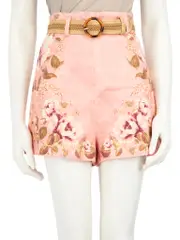 Pink Linen Floral Mini Shorts