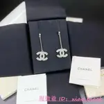 CHANEL 銀色 閃亮 雙C 水鑽 垂吊式 耳環