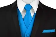 Men's Blue Satin Formal Dress Tuxedo Vest, Tie & Hankie. Wedding Prom Homecoming