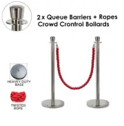 2x Queue Barriers + Ropes Crowd Control Bollards Stands (Silver WITH Red ROPE)