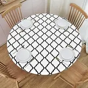 Round Fitted Tablecloth with Elastic Edge Table Cloth Wipe Clean Table Cover for Indoor and Outdoor 56" Diameter White and Black
