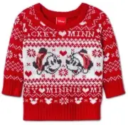 Disney Mickey and Minnie Holiday Christmas Sweater- Red and White- Sequin Accent