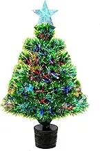 Small Christmas Tree Fiber Optic,55cm Tabletop Mini Xmas Trees, Prelit Artificial Trees with Color Changing LEDs, Lighted Treetopper, Battery Operated Tiny X-mas Tree