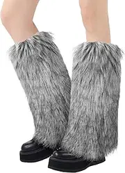 [XEPST] Faux Fur Fuzzy Leg Warmers Furry Boot Covers for Women, Women's Fur Leg Warmers Warm Fuzzy Boot Cuff Boot Sleeves for Party Costumes, Tie Dye Style, Gray + White, Gray + White