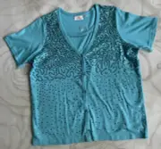 NEW Quacker Factory Shirt Top sz XL Blue Sequins Layer Look Button Front