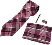[Zasel] Mens Maroon & Pink Checkered Matching Neck Tie, Pocket Square, Cuff Links And Tie Clip Set Maroon, Hot Pink, Black, White, Baby Pink