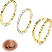 [Kakonia] 3pcs Gold Plated Nose Rings Hoops - Surgical Steel Double Hoop Nose Rings 16G/18G/20G Hinged CZ Conch Piercing Jewelry Septum Clicker Lip Rings Cartilage Earring Helix Rook Tragus Daith 7mm/8mm/9mm/10mm
