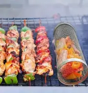 2 BBQ Cylinder BBQ Basket Stainless Steel Rolling Grilling Basket Wire Mesh...
