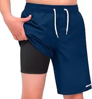 [Hill & Sea] Swimming Trunks Boys Swimming Shorts Kids Quick-Drying Board Shorts 2 in 1 Swimming Trunks with Compression Inner Shorts Adjustable Drawstring Multi-Style 140-176