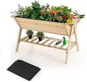 Costway 149.5 x 78.5 x 82.5 cm 2 Tiers Raised Garden Bed, Outdoor Fir Wood Plant Container w/Storage Shelf, Black Liner, Drainage Hole, Elevated Planter Box for Backyard, Backyard, Balcony, Natural