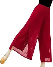 [Generic] Women Elastic Waist Dance Pants Mesh Nylon Loose Wide Leg Dancing Trousers Chinese Classical Daily Yoga Pants