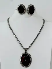 Vintage Silver Tone Lucite Faux Stone Necklace 20” Clip Earrings Set