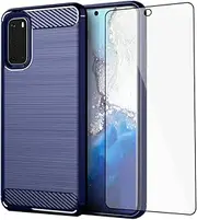 [Asuwish] Phone Case for Samsung Galaxy S20 Glaxay S 20 5G UW 6.2 inch with Tempered Glass Screen Protector Cover and Slim Soft TPU Cell Accessories Protective Gaxaly 20S G5 Women Men Carbon Fiber Blue