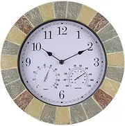 Outdoor Wall Clock Weatherproof, 14 Inches Garden Wall Clocks Outdoor Resin Garden Ornaments Outdoor, Precise Timing with Temperature and Humidity Meter Retro European Style Creati