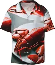 [YANYU] Lobster Print Hawaiian Shirts Men Short Sleeve Button Down Cuban Collar Shirt Summer Beach Days