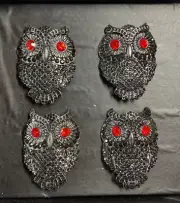 TAHARI OWL NAPKIN RINGS RED STONE EYES (4) GRAY BLACK NIB