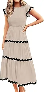 [Generic] Women's Summer Flutter Short Sleeve Graduation Smocked Midi Dress Casual High Waist Rickrack Tiered Flowy Dresses