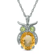 Oval Citrine, Peridot and Lab-Created White Sapphire Owl Pendant in Sterling Silver