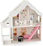 HONEY JOY Kids Wooden Dollhouse, 2-in-1 Cottage Dollhouse Bookcase w/6 Rooms, Hidden Storage & 2 Large Skylights, 2 Tiers Pretend Toy Set w/ 8 PCS Furniture for Toddlers Over 3 Years Old, White