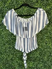 American Eagle Women’s XS New NWT Blue White Striped Ruffle Bow Blouse Shirt
