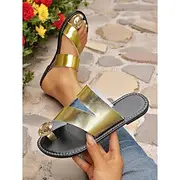 Women's Gold Faux Leather Slide Sandals – Open Toe Flat Slip-Ons with Bold Statement Ring for Summer Vacations, Poolside Parties and Casual Outings