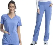 [Cherokee] CK002 Ladies Scrub Set Contemporary Fit Medium Waist Straight Pants 6 Pockets & 4 Pocket V Neck Top CK605