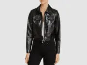 $913 Elie Tahari Women's Black Jagger Croc Faux Leather Moto Jacket Coat Size XL