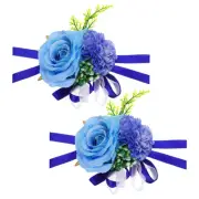 2Pcs Artificial Corsage Wristlet Flower Wrist Prom Corsage Light Blue