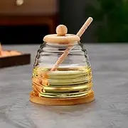 TINGJUNN Honey Jar, Glass Honey Jar with Wooden Scooper and Wooden Lid, Honey Dispenser Storage, Clear Honey Jar for Home and Kitchen