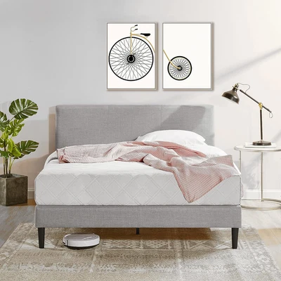 Double Bed Frame Fabric Upholstered Platform Bed Base, Light Grey