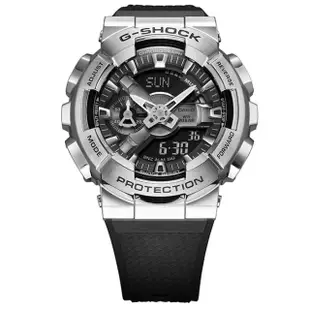 【CASIO 卡西歐】卡西歐G-SHOCK 強悍金屬雙顯膠帶錶-黑銀(GM-110-1A 台灣公司貨)