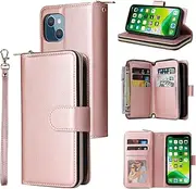 YocoverTech for iPhone 13 mini Case, for iPhone 13 mini Wallet Case[9 Card Slots+1 Cash Slot] PU Leather Stand Flip Zipper Wallet Cover[5.4 inch]-Rose Gold