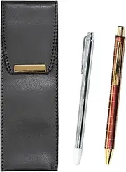 BR-701S-NQ30KB-R Eco Leather Pen Case, Metal Indicator Stick and NQ30K Wide Axis Metal Straight Knock Double Anodized Lattice Ballpoint Pen Set, Red