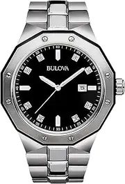 [Bulova] Men's Classic Stainless Steel 3-Hand Date Quartz Watch with Diamonds and Day Date, 44mm, Silver/Black Dial, CASE 44MM, Classic Quartz Two-Tone Stainless Steel Silver-Tone Stainless Steel