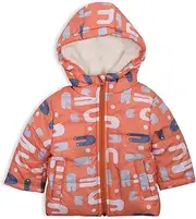 [Cuddle Threads] Baby Winter Puffer Jacket, Coral with Abstract Pattern, Sherpa Lined Hood, Zip Front, 3 Months to 6 Years Old, Designed in Australia