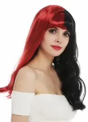 Wig Carnival Cosplay Ladies Long Wavy Fringe Black Red Halves Punk Emo