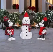 30” Christmas Mickey, Minnie Mouse & Snowman Lighted Tinsel Yard Decor Disney